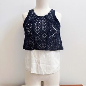 Maje Black White Eyelet Overlay Sleeveless Top S